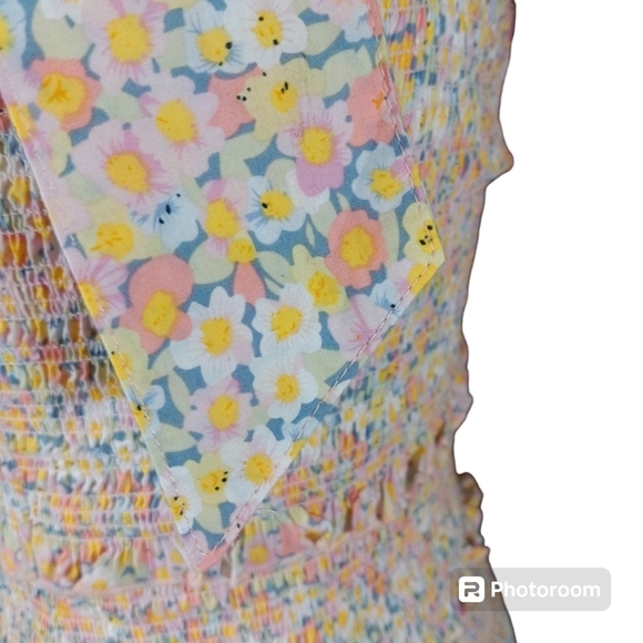 Mable Yellow Green Smocked Floral Tie Strap Mini Dress Size S NWOT - Picture 5 of 10